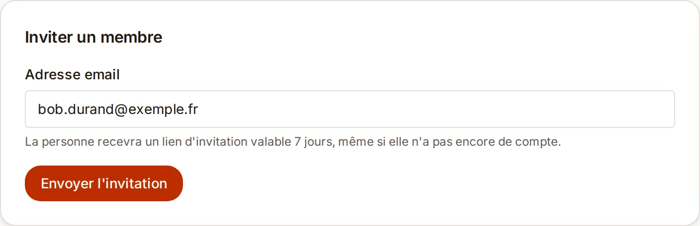 Formulaire d'invitation d'un membre : un champ « Adresse email » et un bouton « Envoyer l'invitation ».