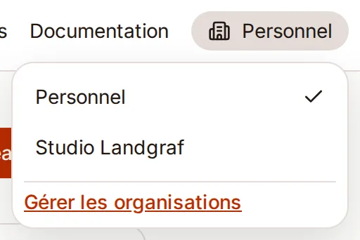 Sélecteur d'espace de travail ouvert, listant l'espace Personnel et l'organisation Studio Landgraf, avec l'espace actif coché.