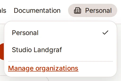 Workspace switcher open, listing the Personal workspace and the Studio Landgraf organization, with the active workspace checked.