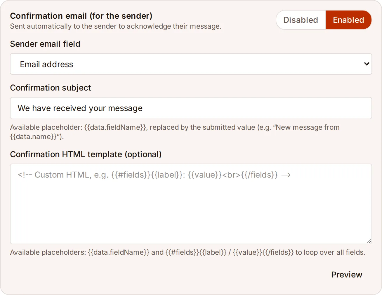 Sender confirmation settings: “Enabled” button, email field selector, subject and HTML template.